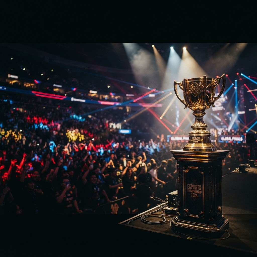 Mistrovská trofej ve světlech reflektorů před rozostřenou arénou
